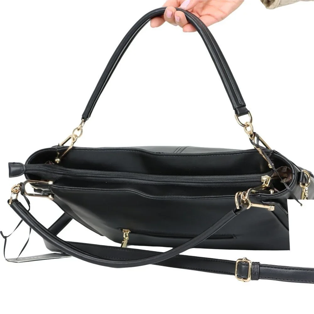 Black Faux Leather Purse and Wallet 2 in 1 Set Tote Hobo Bucket Shoulder Bag - Picture 6 of 12